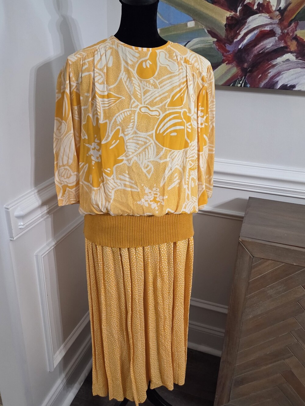 Vintage 80s Cynthia Howie Blouson Midi Dress Mustard Yellow Floral Pleated Sz 8